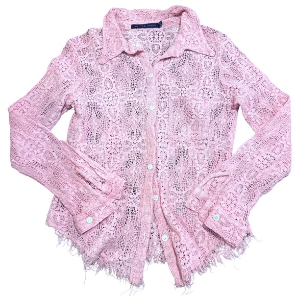 Of Two Minds Tops - Open Knit Lace Button Down Shirt Cotton Boho Raw Hem USA Ballet Cottage Core Med
